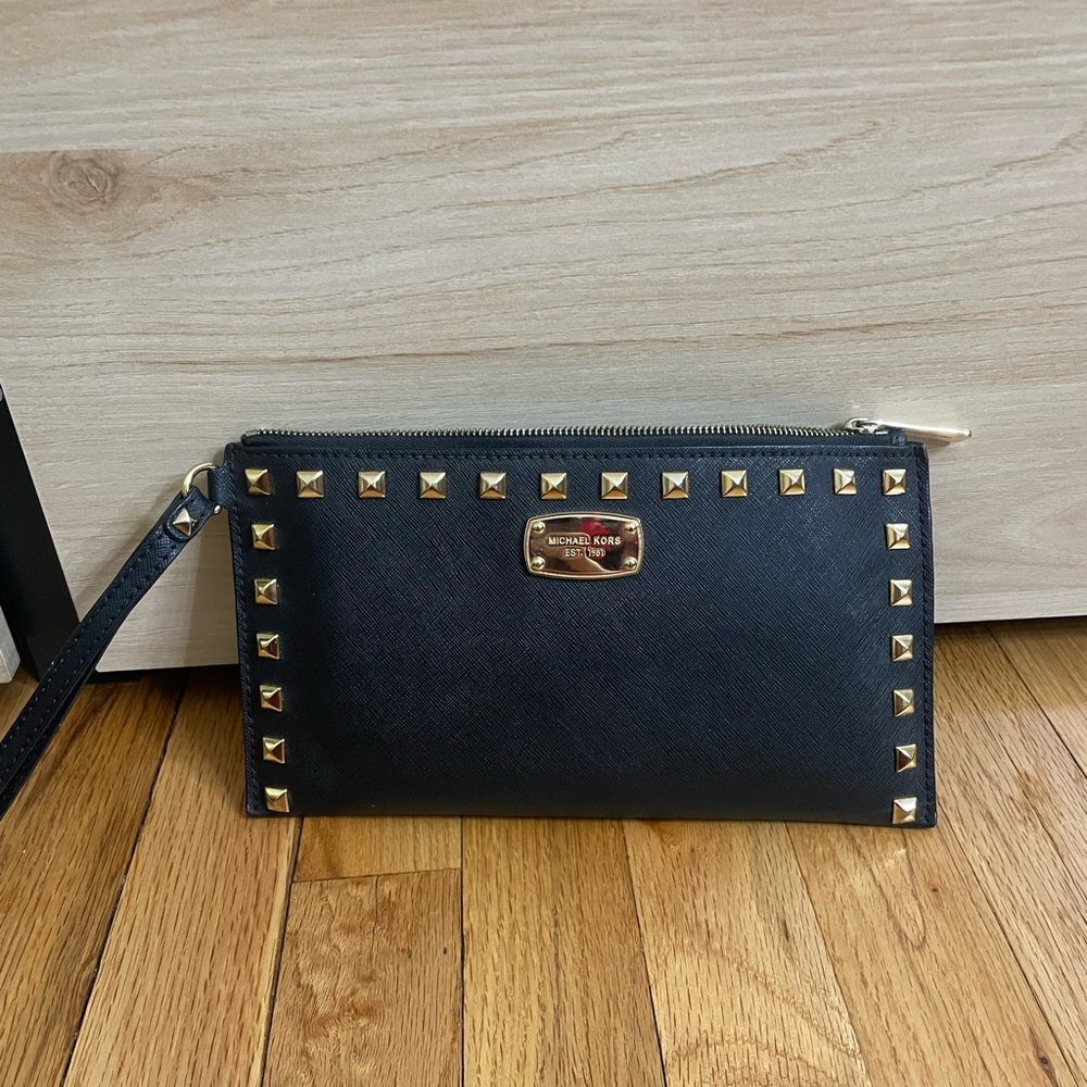 Michael Kors Black Wristlet with Gold Studs